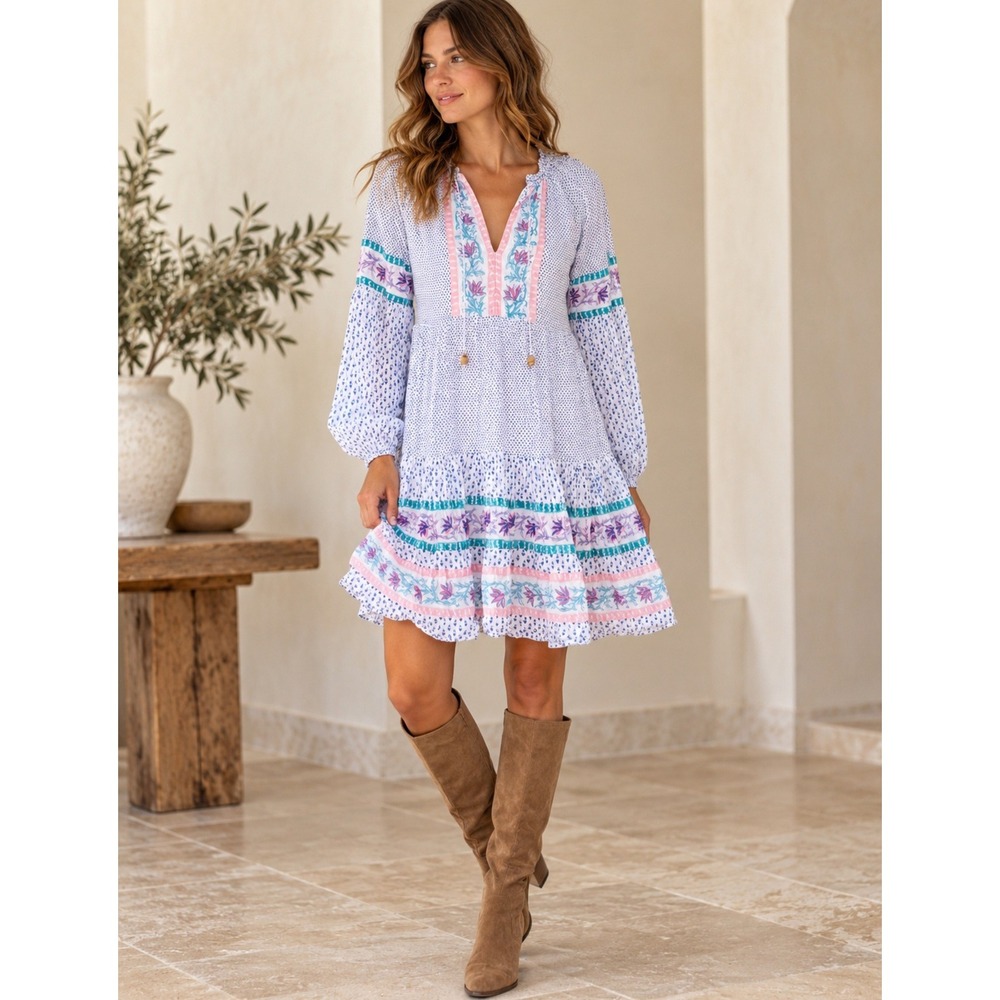 Oliphant Floral Block Mixed Print Tiered Mini Dress Blue Pink Boho Tassel Tie S